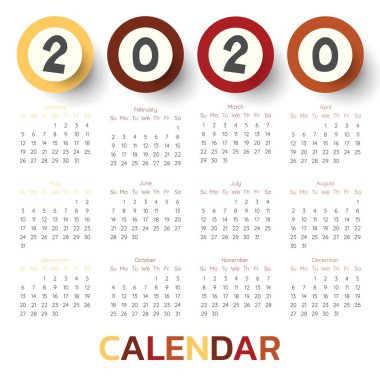 2020 Modern takvim şablonu . Vektör/illüstrasyon.