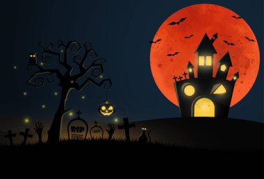 mezarlık ve ev ile düz tasarım Halloween arka plan. Vecto