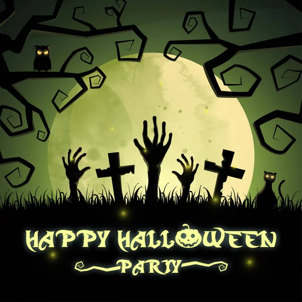 Flaches Design halloween Hintergrund mit Friedhof und Haus. Vecto — Stockvektor