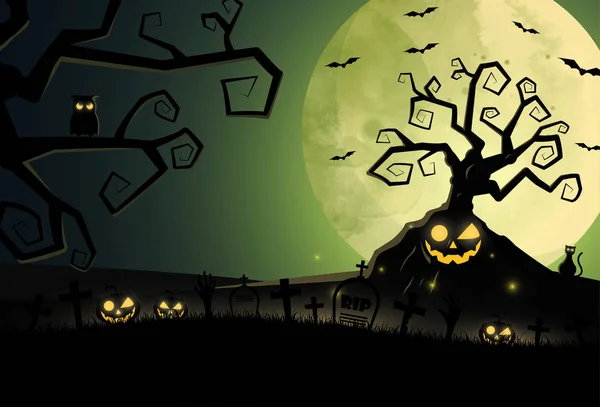 Flaches Design halloween Hintergrund mit Friedhof und Haus. Vecto — Stockvektor