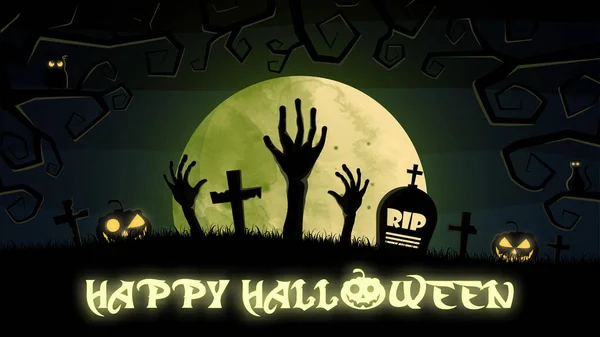 Plochý design Halloween pozadí s hřbitovem a domem. Vevekk — Stockový vektor