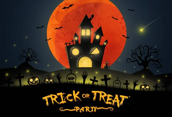 Flaches Design halloween Hintergrund mit Friedhof und Haus. Vecto — Stockvektor