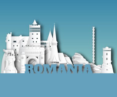 Romanya Küresel Seyahat ve Seyahat kağıdının arka planı. Vektör Tasarım Şablonu. Reklam, kitap, afiş, şablon, seyahat işi veya sunumunuz için kullanılır.