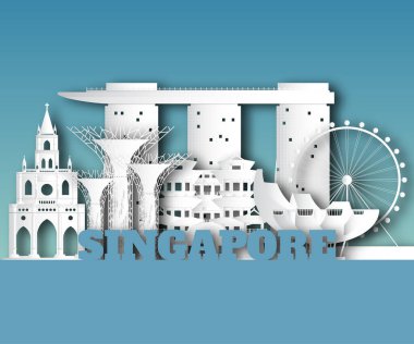 Singapur Landmark Global Seyahat ve Seyahat kağıt arka planı. Vektör Tasarım Şablonu. Reklam, kitap, afiş, şablon, seyahat işi veya sunumunuz için kullanılır.