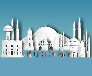 Türkiye Küresel Seyahat ve Seyahat kağıt arka planı. Vektör Tasarım Şablonu. Reklam, kitap, afiş, şablon, seyahat işi veya sunumunuz için kullanılır.