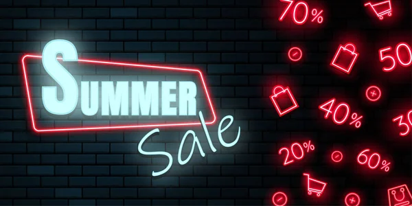 Neon Summer Sale Sign Brick Wall Background Bright Blue Red — Stock Vector