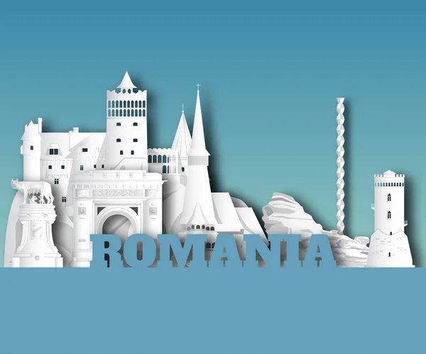 Romania Punto Riferimento Globale Viaggi Viaggio Sfondo Carta Vector Design — Vettoriale Stock