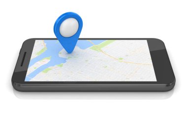 Mobil telefon ile GPS kavramı. 3D render ve oluşturulan bilgisayar görüntü.