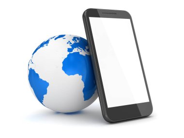Küre ile mobil telefon. 3D render ve oluşturulan bilgisayar görüntü.