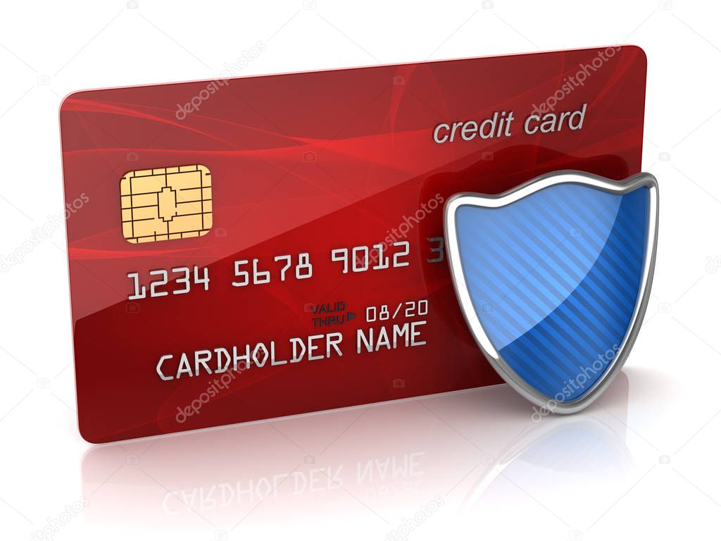 Red credit card with shield. 3d render and computer generated image.