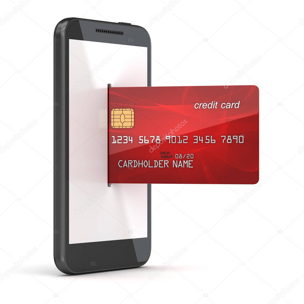 Red credit card in to phone , 3d render and computer generated image.
