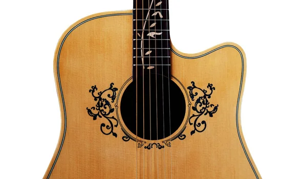 Guitarra Acústica Incrustaciones Flores Diapasón Alrededor Del Agujero Sonido Con — Foto de Stock