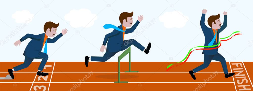A businessman running and wins. It visualises that a businessman starts a business with a great enthusiasm and hard work and with proven strategies achieves the business goals.