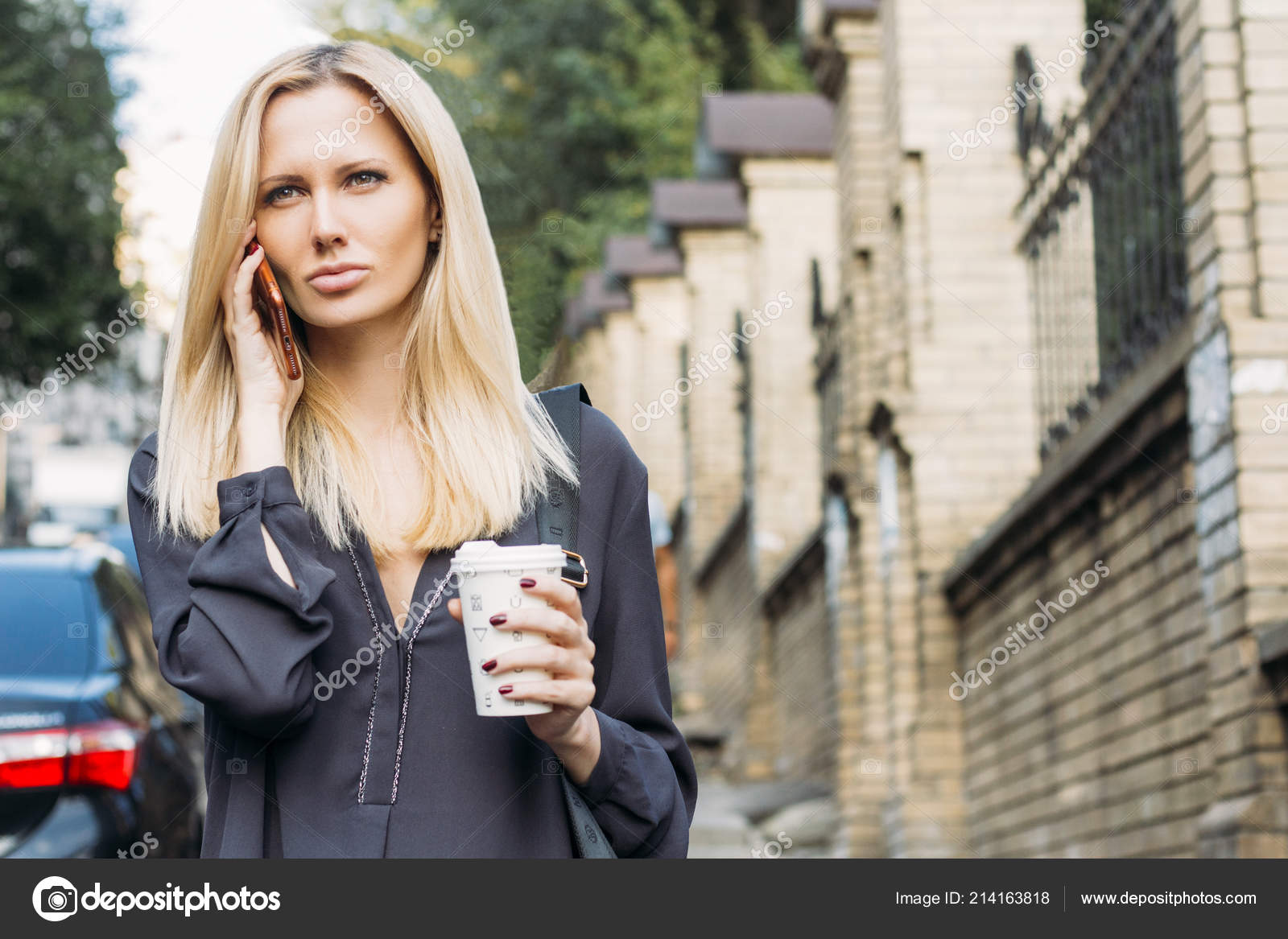 Beautiful Blond Haired Business Woman Gray Dress Standing Street