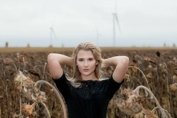 Mulher loira jovem em vestido preto, em um campo com girassóis desbotados. Outono tardio — Fotografia de Stock