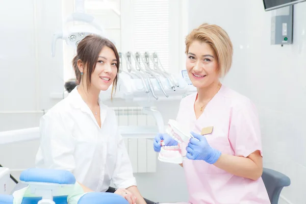 Una dentista le explica a una paciente el proceso de cepillarse los dientes en una maqueta. Ambos miran a la cámara —  Fotos de Stock