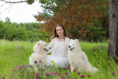 Genç kadın ile iki büyük beyaz tüylü köpekler yeşil çim ormanda bir arka plan üzerinde oturuyordu