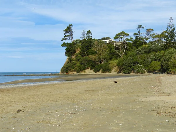 Dům Zeleném Kopci Pláži Poblíž Red Beach Nový Zéland — Stock fotografie