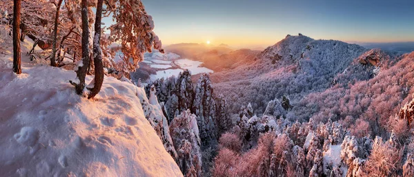 雪の森で冬の山の風景 — ストック写真