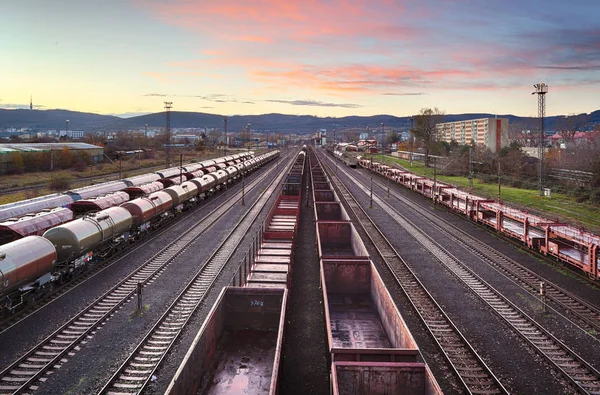 Plate Forme Train Marchandises Coucher Soleil Avec Conteneur — Photo