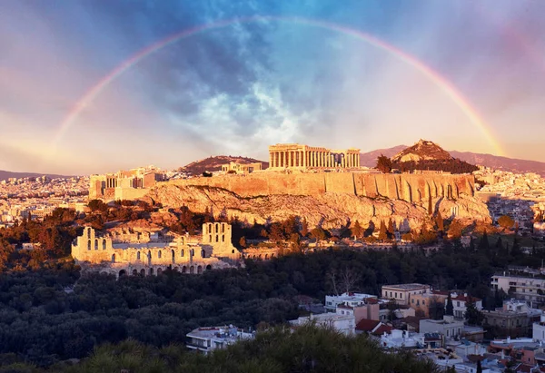 Akropolis Von Athen Griechenland Mit Dem Parthenontempel Bei Sonnenuntergang Mit — Stockfoto