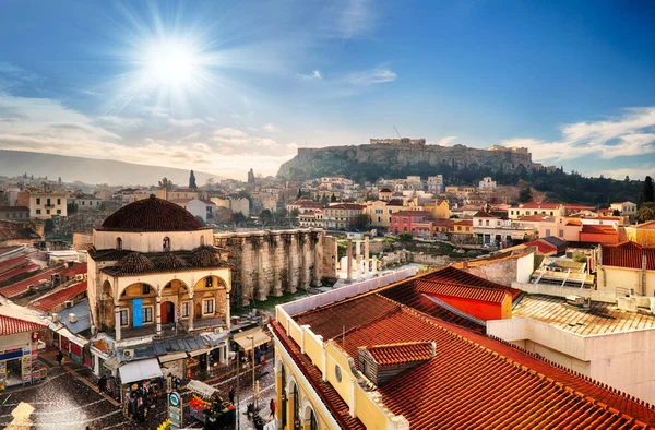 Athen Panoramautsikt Monastiraki Plassen Akropolis Hellas – stockfoto
