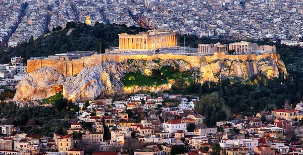Akropolis Nachts Athene Vanaf Heuvel Lycabettus Griekenland — Stockfoto