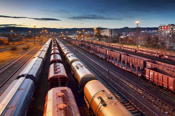 Conteneur train de marchandises dans la gare, Transport ferroviaire de marchandises — Photo