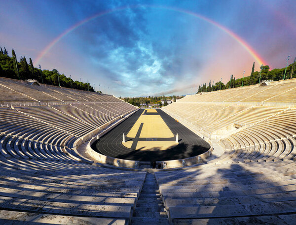 Panathenaic stadium in Athens with rainbow, Greece