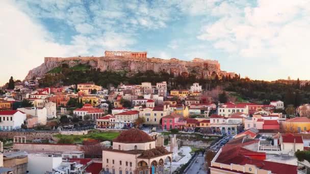 Athene Monastiraki Plein Panoramisch Uitzicht Akropolis Griekenland Time Lapse — Stockvideo