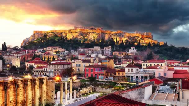 Atenas Acrópolis Por Noche Grecia Time Lapse — Vídeo de stock