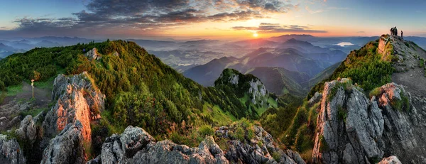 Κοιλάδα του βουνού κατά την ανατολή του ηλίου. Φυσικό καλοκαιρινό τοπίο στη Σλοβενία — Φωτογραφία Αρχείου