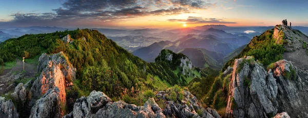 Valle de la montaña al amanecer. Paisaje natural de verano en Slov — Foto de Stock