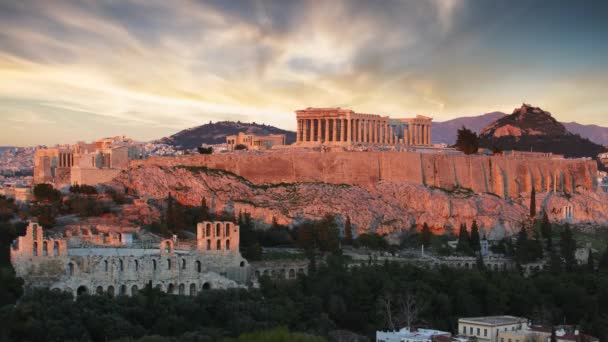 Aten Tidsfördröjning Akropolis Solnedgången Grekland — Stockvideo
