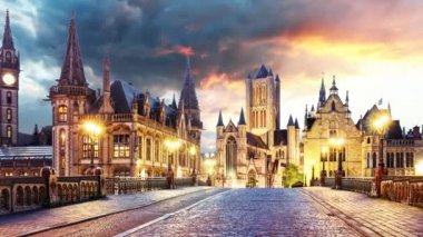 Belçika'da ghent gece gün batımında, Time lapse