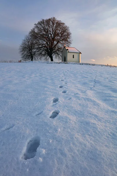 Kış alan witn Şapel - panorama kırsal manzara — Stok fotoğraf