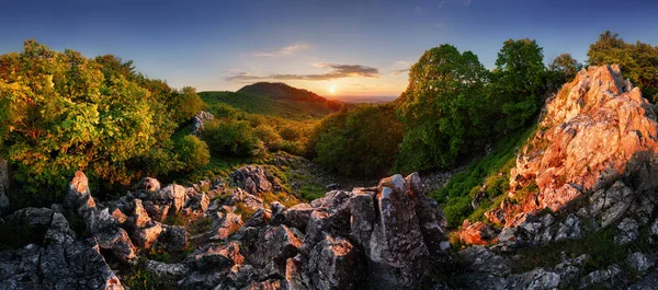 Lesní Krajina Vrcholkem Sluncem Při Dramatickém Západu Slunce Slovensko Karpatská — Stock fotografie