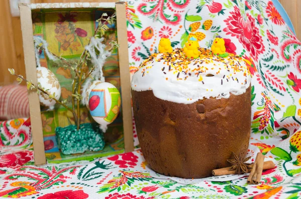 Traditional in Ukraine Easter Kulich with decoration