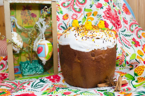 Traditional in Ukraine Easter Kulich with decoration