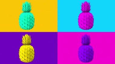Çok renkli ananas bir renkli arka plan üzerinde döndürün. En az, zine, soyut kolaj, grafik, hareket tasarımı, 3d animasyon.