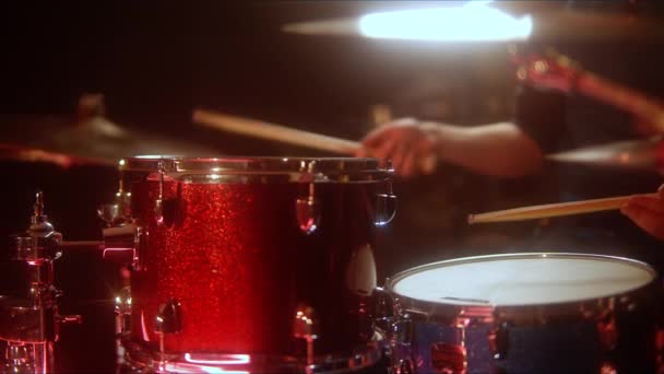 Male Drummer Jazz Training Lesson Red Drum Set Blue Snare — Stock Video