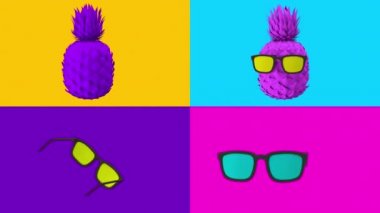 Renkli ananas ve gözlük renkli parlak arka plan üzerinde en az, döner zine, soyut kolaj, grafik, hareket tasarımı, 3d animasyon.