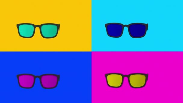 Cuatro Gafas Colores Giran Sobre Colorido Fondo Cuatro Piezas Minimal — Vídeo de stock