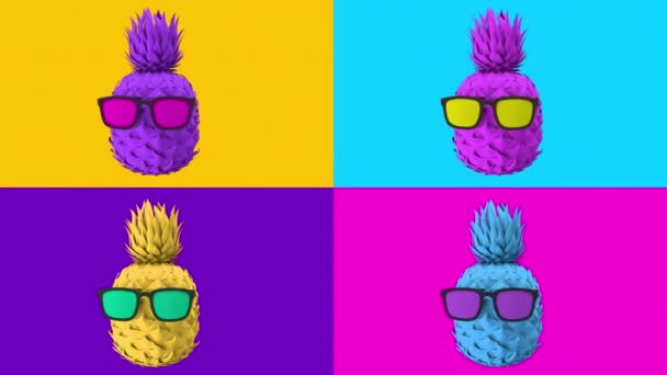 Четыре Цветных Ананаса Очках Вращаются Красочном Фоне Состоящем Четырех Частей — стоковое видео