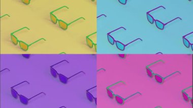 Dört renkli kareler, minimal, zine, soyut kolaj, grafik, hareket tasarımı, 3d animasyon arka planda hareket eden çok renkli gözlük. 4k
