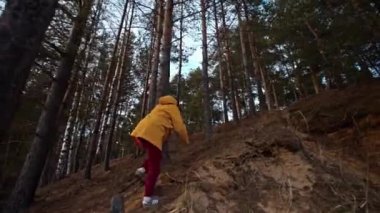 Sarı ceketli bir kadın çam ormanındaki bir dağa tırmanıyor, ağaçlara tutunuyor, bahar yolculuğu, mavi gökyüzü, doğa.