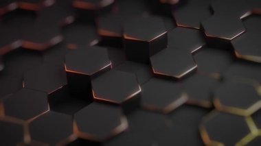 Soyut altıgen geometrik yüzey, neon turuncu holografik parıltıile siyah minimal doku, tuval hareketi arka plan rasgele dalgalanma. Dikişsiz döngü 4k 3d desen dijital hareketli grafikler