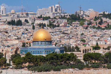 Panoramik Kudüs eski şehir ve Temple Mount, Kudüs, İsrail Zeytin Dağı üzerinden kaya kubbe