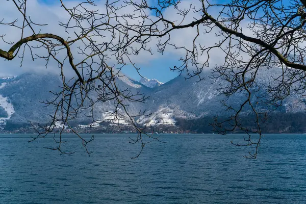 Vue Sur Lac Thun Parmi Les Montagnes Enneigées Hiver Suisse — Photo