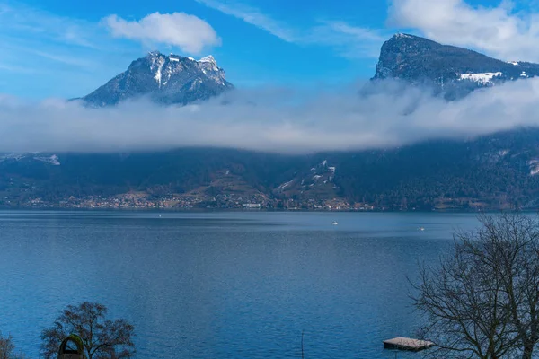 Vue Fenêtre Sur Lac Thoune Hiver Suisse — Photo